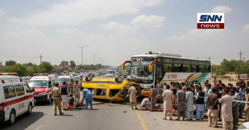 ننکانہ شاہ کوٹ روڈ پر کمال پور کے قریب اسکول وین اور مسافر بس کے درمیان تصادم کے بعد ریسکیو اہلکار زخمیوں کو امداد فراہم کر رہے ہیں۔