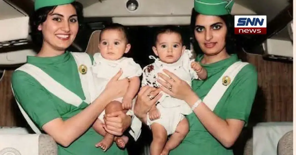 مومی گل درانی اور ایئر ہوسٹس رشیدہ جڑواں بچوں فہیم اور سوزین کو گود میں اٹھائے لندن سے کراچی پہنچنے کے بعد