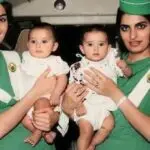 مومی گل درانی اور ایئر ہوسٹس رشیدہ جڑواں بچوں فہیم اور سوزین کو گود میں اٹھائے لندن سے کراچی پہنچنے کے بعد