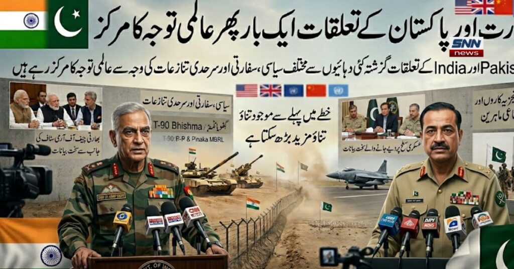 اک بھارت تعلقات اور علاقائی تناؤ پر مبنی ایک تفصیلی نیوز انفوگرافک پوسٹر۔ پوسٹر کے اوپری حصے میں بڑے اور واضح اردو حروف میں "بھارت اور پاکستان کے تعلقات ایک بار پھر عالمی توجہ کا مرکز" لکھا ہے۔ دائیں جانب پاکستان کے آرمی چیف جنرل عاصم منیر خاکی فوجی وردی میں مائیکس کے سامنے سنجیدہ تاثرات کے ساتھ پریس کانفرنس کرتے دکھائی دے رہے ہیں، اور ان کے پیچھے پاکستانی پرچم موجود ہے۔ بائیں جانب بھارتی فوجی قیادت ہری ورگا نما وردی میں پوڈیم پر موجود ہے، جس کے پیچھے بھارتی پرچم اور دیگر سیاسی رہنماؤں کی تصاویر ہیں۔ وسط میں پاک بھارت ایل او سی (Line of Control) کی علامتی باڑ، فوجی ٹینک، اور لڑاکا طیارے دکھائے گئے ہیں، جس کے ساتھ اردو میں "خطے میں پہلے سے موجود تناؤ مزید بڑھ سکتا ہے؟" لکھا ہوا ہے۔ پوسٹر میں امریکہ، برطانیہ، چین اور اقوامِ متحدہ کے جھنڈے بھی عالمی برادری کے ردِعمل کو ظاہر کرنے کے لیے شامل کیے گئے ہیں۔