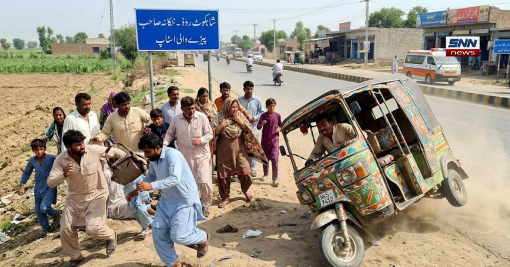 آلٹ ٹیکسٹ (Alt Text): ننکانہ صاحب شاہکوٹ روڈ پر پیڑے والی اسٹاپ کے قریب تیز رفتار رکشہ بے قابو ہونے کا لائیو منظر۔ تصویر میں ایک رنگ برنگا پاکستانی رکشہ تیز رفتاری کے باعث ایک طرف جھکا ہوا اور سڑک کنارے مٹی اڑاتا ہوا بے قابو دکھائی دے رہا ہے، جس کا ڈرائیور خوفزدہ حالت میں سٹیرنگ سنبھالنے کی کوشش کر رہا ہے۔ سڑک کنارے کھڑے راہگیر اور عینی شاہدین خوف اور تشویش کے عالم میں اپنی جان بچانے کے لیے پیچھے کی طرف بھاگ رہے ہیں۔ پس منظر میں شاہکوٹ روڈ کا سائن بورڈ، دکانیں اور دور سے آتی ہوئی ایک ایمبولینس دکھائی دے رہی ہے۔