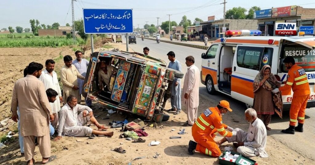 ننکانہ صاحب شاہکوٹ روڈ پر پیڑے والی اسٹاپ کے قریب ایک حادثے کا منظر۔ تصویر میں ایک الٹا ہوا رکشہ، ریسکیو 1122 کی ایمبولینس اور زخمیوں کی مدد کرتے ہوئے اہلکار دکھائے گئے ہیں۔ الٹا ہوا رکشہ، اس کے ارد گرد بکھری ہوئی چپلیں اور دیگر اشیاء حادثے کی شدت کو ظاہر کر رہی ہیں۔ ریسکیو 1122 کے اہلکار زخمیوں کو طبی امداد دے رہے ہیں اور ایک خاتون کو ایمبولینس میں منتقل کر رہے ہیں۔ تصویر میں سڑک، کھیت اور آس پاس کی دکانیں بھی دیکھی جا سکتی ہیں۔ یہ تصویر حادثے کے بعد کے فوری ردعمل اور ریسکیو آپریشن کی عکاسی کرتی ہے۔