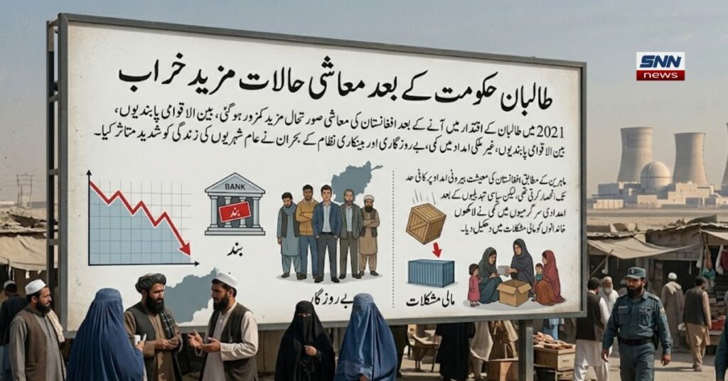 افغانستان کی معاشی صورتحال پر مبنی ایک نیوز انفوگرافک پوسٹر۔ ایک بڑا سائن بورڈ نصب ہے جس پر جلی حروف میں "طالبان حکومت کے بعد معاشی حالات مزید خراب" لکھا ہے۔ بورڈ پر تفصیلی تحریر کے ساتھ مختلف گراف اور خاکہ جات دکھائے گئے ہیں، جن میں گرتا ہوا معاشی گراف، بند بینک (BANK)، بے روزگاری (بے روزگار)، امدادی سرگرمیاں (امدادی سرگرمیاں)، اور مالی مشکلات (مالی مشکلات) کی عکاسی کی گئی ہے۔ پوسٹر کے سامنے مختلف عمر کے افغان شہری اور برقع پوش خواتین گزرتے ہوئے نظر آ رہے ہیں۔ دائیں جانب سیکیورٹی یونیفارم میں ملبوس دو اہلکار گشت کر رہے ہیں۔ پس منظر میں براکہ نیوکلیئر پلانٹ کے گنبد، کولنگ ٹاورز اور دور کھڑی گاڑیاں واضح طور پر دکھائی دے رہی ہیں۔
