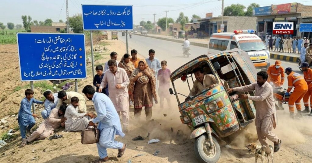ننکانہ صاحب شاہکوٹ روڈ پر پیڑے والی اسٹاپ کے قریب سڑک کنارے لگی حفاظتی معلوماتی بورڈز کا منظر۔ تصویر میں ایک بڑا نیلے رنگ کا بورڈ دکھایا گیا ہے جس پر اردو میں "اہم حفاظتی اقدامات: رفتار کو قابو میں رکھنا، گاڑی کی باقاعدہ جانچ، ٹریفک قوانین کی پابندی، ہنگامی صورتحال میں فوری اطلاع دینا" لکھا ہوا ہے۔ اس کے ساتھ ہی موبائل فون کے استعمال پر پابندی کا علامتی نشان بھی موجود ہے۔ تصویر میں ایک بے قابو رکشہ، سڑک کنارے موجود خوفزدہ اور زخمی راہگیر، اور پس منظر میں ریسکیو 1122 کی ایمبولینس دیکھی جا سکتی ہے، جو عوامی تحفظ اور ٹریفک قوانین پر عملدرآمد کی اہمیت کو واضح کرتی ہے۔