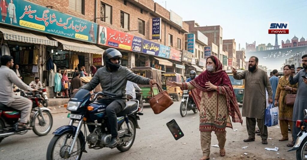 لاہور کی مون مارکیٹ میں ایک مصروف سڑک پر دن دیہاڑے ہونے والی پرس چھیننے کی واردات کا لائیو منظر۔ تصویر میں ایک موٹر سائیکل سوار ملزم، جس نے ہیلمٹ پہنا ہوا ہے، ایک پیدل چلتی خاتون کا براؤن رنگ کا پرس چھین رہا ہے۔ خاتون، جو روایتی لباس میں ہے، پیچھے کی طرف جھکی ہوئی ہے اور ان کا موبائل فون ہاتھ سے گرتا ہوا دکھایا گیا ہے۔ پس منظر میں دکانیں جن پر اردو میں سائن بورڈز لگے ہیں (جیسے "مون مارکیٹ شاپنگ سینٹر" اور "موبائل زون")، اور دور لاہور کے تاریخی مینار (جیسے مینارِ پاکستان اور بادشاہی مسجد) کے آثار نظر آ رہے ہیں۔ آس پاس موجود راہگیر اور دکاندار خوف اور حیرت کے عالم میں تماشہ دیکھ رہے ہیں۔ سڑک پر ٹریفک اور دیگر موٹر سائیکلیں بھی موجود ہیں۔ تصویر کی کوالٹی واضح اور حقیقت پسندانہ ہے، جو واردات کی شدت کو بیان کر رہی ہے