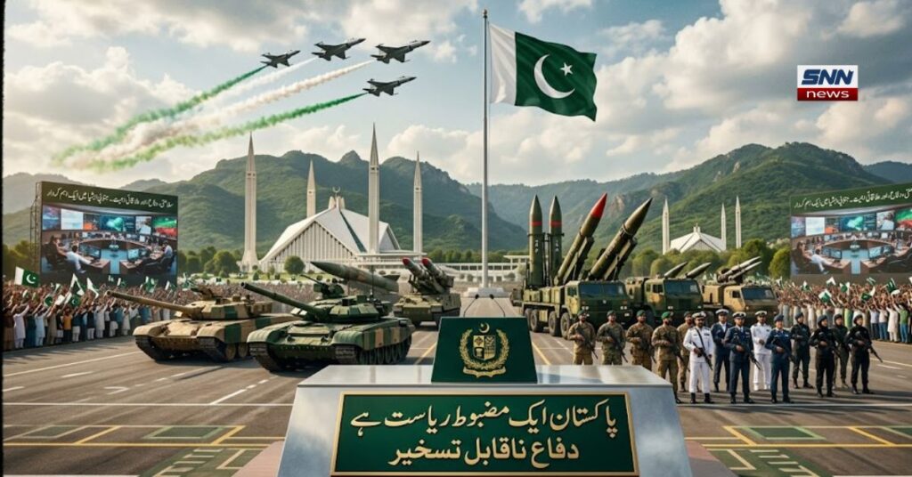 پاکستان کی دفاعی اور عسکری طاقت کو ظاہر کرتا ہوا ایک پروقار اور حقیقت پسندانہ انفوگرافک نیوز پوسٹر۔ سامنے ایک خوبصورت پوڈیم موجود ہے جس پر سنہرے الفاظ میں "پاکستان ایک مضبوط ریاست ہے، دفاع ناقابل تسخیر" لکھا ہوا ہے۔ پس منظر میں اسلام آباد کی معروف فیصل مسجد اور مارگلہ کی پہاڑیاں واضح نظر آ رہی ہیں۔ آسمان پر پاک فضائیہ کے لڑاکا طیارے (JF-17 Thunder) سبز اور سفید دھواں چھوڑتے ہوئے فلائی پاسٹ کر رہے ہیں، جبکہ زمین پر غوری یا شاہین میزائل سسٹمز اور الخالد ٹینکوں کی قطاریں موجود ہیں۔ دائیں جانب پاکستان آرمی، نیوی اور ائیر فورس کے چاق و چوبند دستے ملٹری یونیفارم میں الرٹ کھڑے ہیں۔ سڑک کے دونوں اطراف پرجوش پاکستانی عوام قومی پرچم لہراتے ہوئے ملک کی سلامتی کا جشن منا رہے ہیں۔ منظر کے مرکز میں ایک بلند و بالا پول پر پاکستان کا قومی پرچم پوری آب و تاب سے لہراتا ہوا دکھائی دے رہا ہے۔