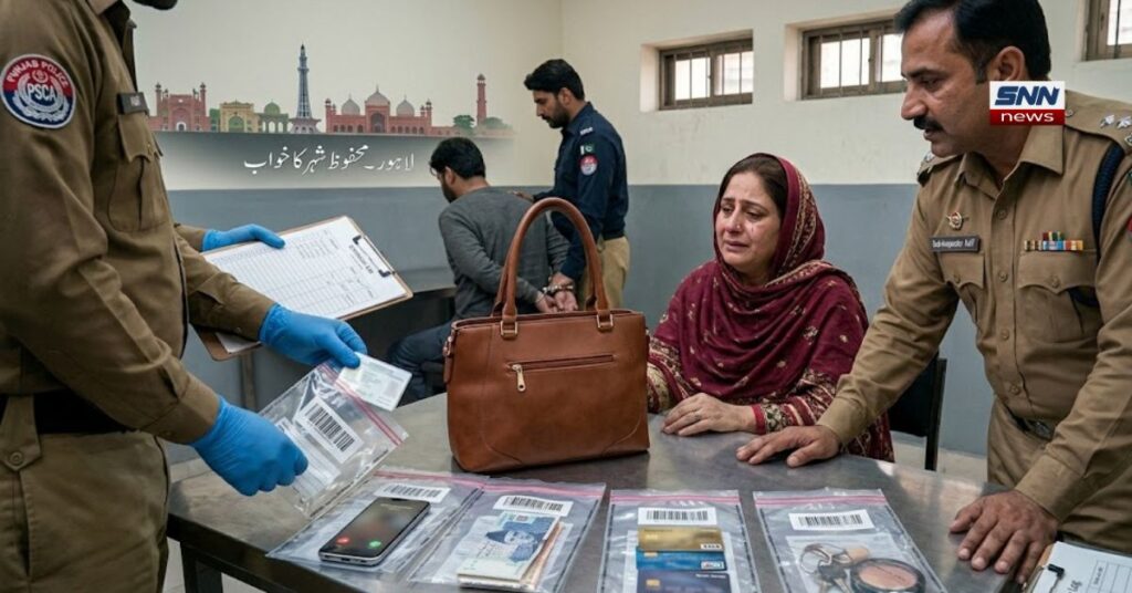 پنجاب سیف سٹیز اتھارٹی (PSCA) کے دفتر یا تھانے کا اندرونی منظر، جہاں پولیس اہلکار گرفتار ملزم سے برآمد شدہ سامان کی تصدیق کر رہے ہیں۔ میز پر شفاف ثبوتی لفافوں (Evidence Bags) میں چھینا گیا موبائل فون، نقد رقم (پاکستانی روپے)، بینک کارڈز، چابیاں اور ایک میک اپ کا سامان رکھا ہے، جبکہ میز کے بیچ میں متاثرہ خاتون کا براؤن رنگ کا لیڈیز پرس موجود ہے۔ ایک پولیس افسر فارم پر تفصیلات لکھ رہا ہے اور دوسرا اہلکار دستانے پہن کر شواہد کا معائنہ کر رہا ہے۔ متاثرہ خاتون (جو مہرون رنگ کی چادر میں ہیں) اپنے سامان کی واپسی پر سکون اور تشکر کا اظہار کر رہی ہیں۔ پس منظر میں ہتھکڑی لگا ملزم اور مانیٹرنگ اسکرینز دیکھی جا سکتی ہیں، جبکہ دیوار پر "لاہور، محفوظ شہر کا خواب" اور "ہمارا عزم، آپ کی حفاظت" کے بورڈز آویزاں ہیں۔